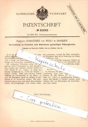 Original Patent - Dorothee von Wolf in Dresden , 1890 , Apparat für Flaschen , Schankgeräthschaften !!!