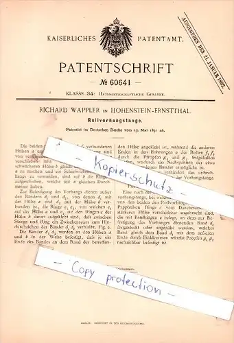 Original Patent - Richard Wappler in Hohenstein-Ernstthal  , 1891 , Rollvorhangstange !!!