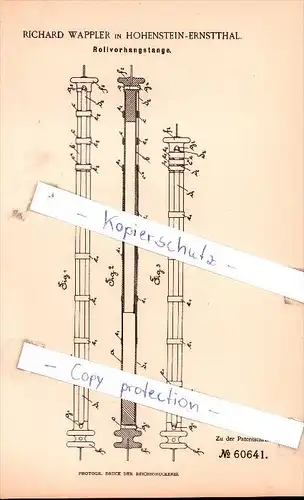 Original Patent - Richard Wappler in Hohenstein-Ernstthal  , 1891 , Rollvorhangstange !!!