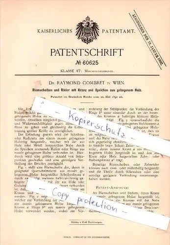 Original Patent - Dr. Raymond Combret in Wien , 1891 , Riemscheiben und Räder mit Kranz  !!!