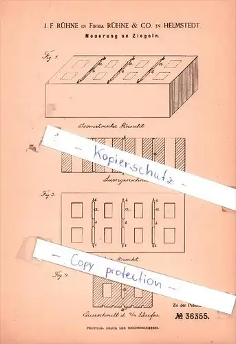 Original Patent - J. F. Rühne in Firma Rühne & Co. in Helmstedt , 1885 , Neuerung an Ziegeln !!!