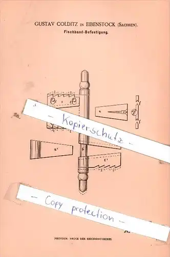 Original Patent - Gustav Colditz in Eibenstock , Sachsen , 1886 , Fischband-Befestigung !!!