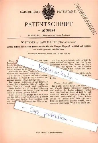 Original Patent - W. Fitzner in Laurahütte , Oberschlesien , 1886 , Landwitschaftliche Geräthe !!!