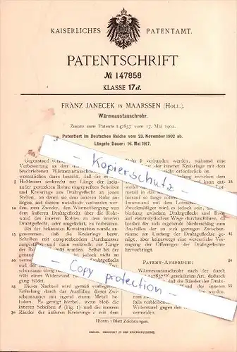 Original Patent - Franz Janecek in Maarssen , Holl. , 1902 , Wärmeaustauschrohr !!!