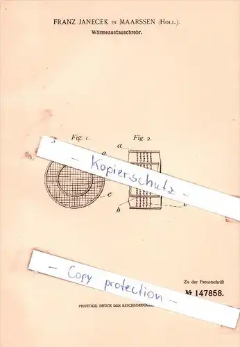 Original Patent - Franz Janecek in Maarssen , Holl. , 1902 , Wärmeaustauschrohr !!!