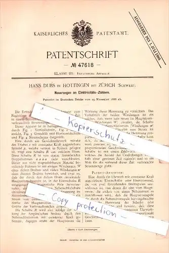 Original Patent - H. Dubs in Hottingen bei Zürich , Schweiz , 1888 , Elektricitäts-Zähler !!!