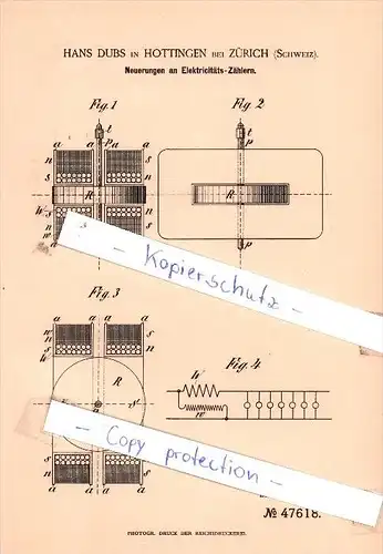 Original Patent - H. Dubs in Hottingen bei Zürich , Schweiz , 1888 , Elektricitäts-Zähler !!!