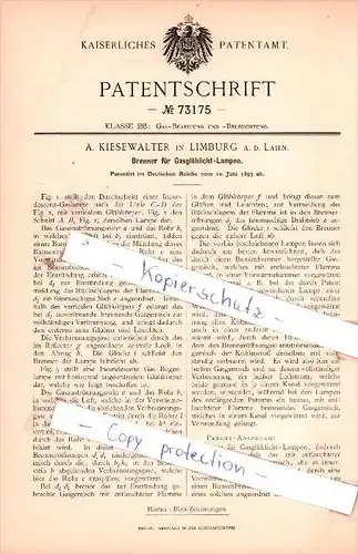 Original Patent - A. Kiesewalter in Limburg a. d. Lahn , 1893 , Brenner für Gasglühlicht-Lampen !!!