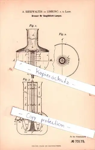 Original Patent - A. Kiesewalter in Limburg a. d. Lahn , 1893 , Brenner für Gasglühlicht-Lampen !!!