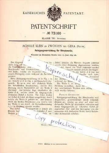 Original Patent - Achille Klein in Zwötzen bei Gera , Reuss. , 1893 , Spinnerei !!!