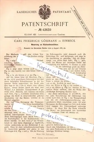 Original Patent -  C. F. Göhmann in Einbeck , 1887 , Neuerung an Häckselmaschinen , Landwirtschaft , Agrar !!!