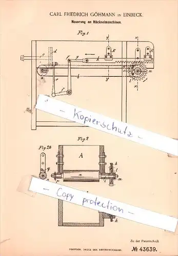 Original Patent -  C. F. Göhmann in Einbeck , 1887 , Neuerung an Häckselmaschinen , Landwirtschaft , Agrar !!!