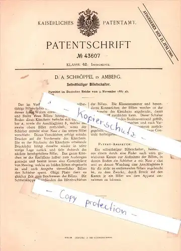 Original Patent - D. A. Schröppel in Amberg , 1887 , Selbstthätiger Billetschalter !!!