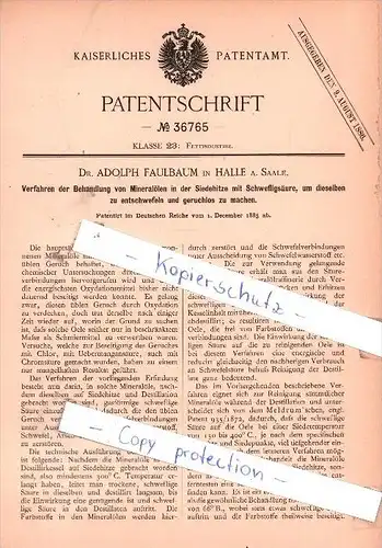 Original Patent - Dr. Adolph Faulbaum in Halle a. d. Saale , 1885 , Fettindustrie !!!