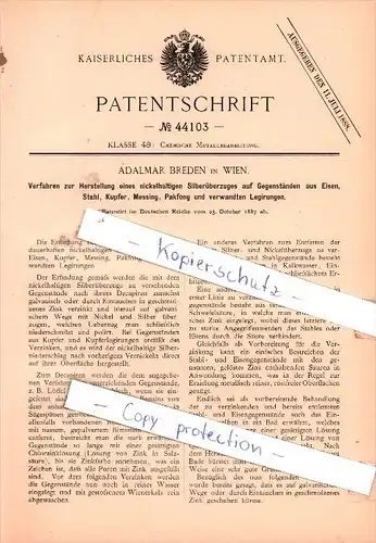 Original Patent - Adalmar Breden in Wien , 1887 , Herstellung eines Silberüberzuges !!!