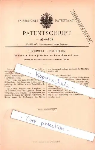 Original Patent - S. Schimkat in Insterburg , 1887 , Apparat für Dreschmaschine , Agrar !!!
