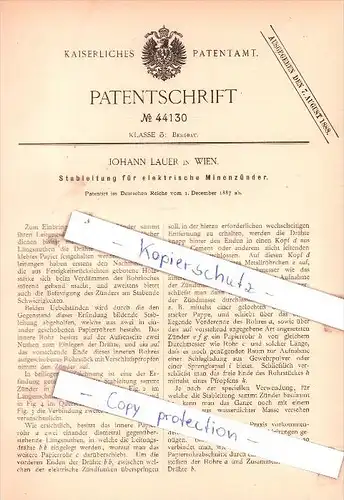Original Patent - Johann Lauer in Wien , 1887 , Stableitung für Minenzünder !!!
