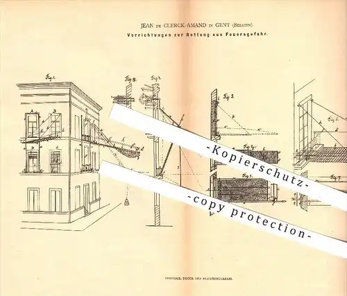 original Patent - Jean de Clerck-Amand in Gent , Belgien , 1880 , Rettung aus Feuergefahr , Feuer , Feuerwehr , Brand !!