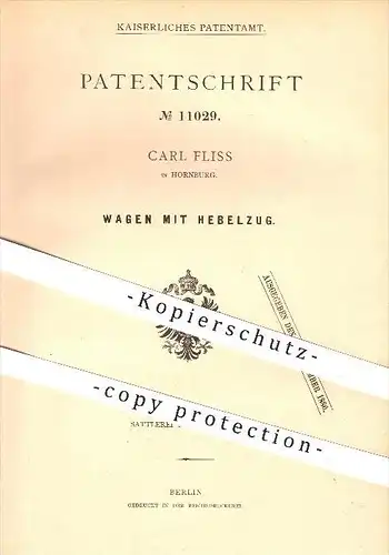 original Patent - Carl Fliss in Hornburg , 1879 , Wagen mit Hebelzug , Wagenbau , Fahrzeugbau , Anhänger !!!
