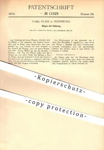 original Patent - Carl Fliss in Hornburg , 1879 , Wagen mit Hebelzug , Wagenbau , Fahrzeugbau , Anhänger !!!