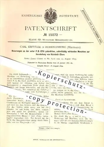 original Patent - Carl Kritzler in Hohenlimburg , 1881 , Herstellung von Harnisch - Eisen , Metall , Draht !!!