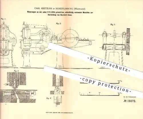 original Patent - Carl Kritzler in Hohenlimburg , 1881 , Herstellung von Harnisch - Eisen , Metall , Draht !!!