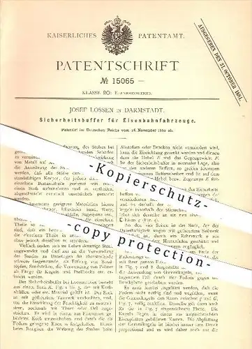 original Patent - Josef Lossen in Darmstadt , 1880 , Sicherheitsbuffer für Eisenbahnen , Eisenbahn , Lokomotive !!!