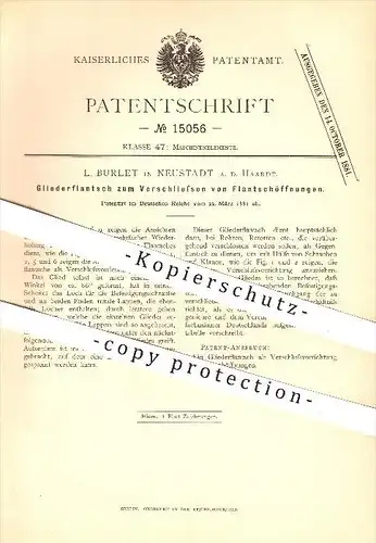 original Patent - L. Burlet in Neustadt a. d. Haardt , 1881 , Gliederflansch zum Verschließen von Flanschöffnungen !!!