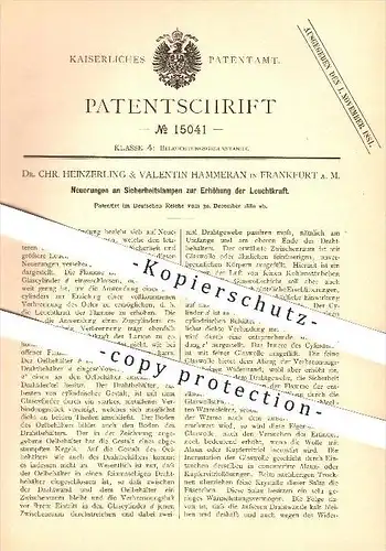 original Patent - Dr. Chr. Heinzerling & Valentin Hammeran , Frankfurt a. M. , 1880, Lampen zur Erhöhung der Leuchtkraft