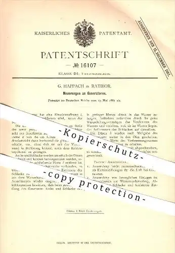 original Patent - G. Happach in Ratibor , 1881 , Generator , Generatoren , Ofen , Öfen , Ofenbauer , Heizung !!!