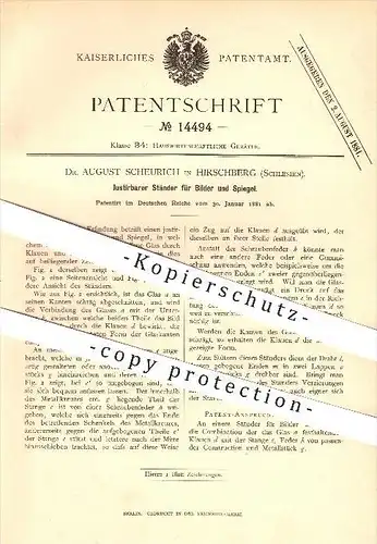original Patent - Dr. August Scheurich , Hirschberg , Schlesien , 1881 , Ständer für Bilder u. Spiegel , Bild , Haushalt