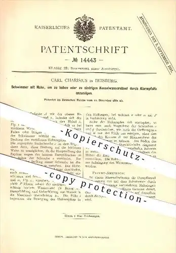 original Patent - Carl Charisius in Duisburg , 1880 , Schwimmer für Wasserstandsanzeige am Dampfkessel , Dampfmaschine !