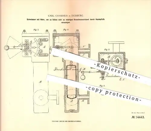 original Patent - Carl Charisius in Duisburg , 1880 , Schwimmer für Wasserstandsanzeige am Dampfkessel , Dampfmaschine !