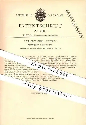 original Patent - Gebr. Eberstein in Dresden , 1881 , Zylinderputzer in Scherenform , Zylinder , Hut , Haushalt , Schere