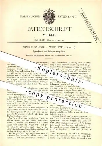 original Patent - Arnold Sandoz in Neuchâtel , Schweiz , 1880 , Operations- und Untersuchungstisch , OP - Tisch !!!