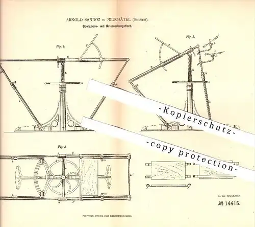 original Patent - Arnold Sandoz in Neuchâtel , Schweiz , 1880 , Operations- und Untersuchungstisch , OP - Tisch !!!