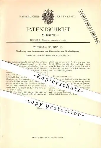 original Patent - W. Volz in Backnang , 1881 , Glasscheiben an Straßenlaternen , Laterne , Laternen , Licht , Lampen !!!