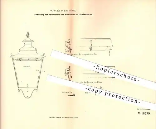 original Patent - W. Volz in Backnang , 1881 , Glasscheiben an Straßenlaternen , Laterne , Laternen , Licht , Lampen !!!