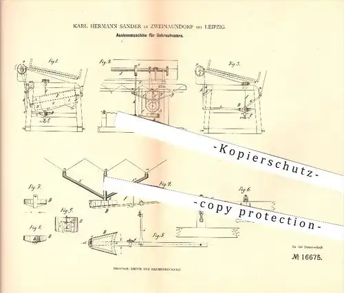 original Patent - Karl H. Sander in Zweinaundorf bei Leipzig , 1881 , Auslesemaschine für Unkrautsamen , Landwirtschaft