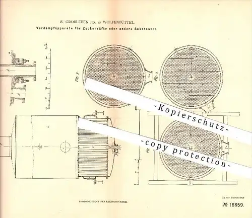 original Patent - W. Grobleben in Wolfenbüttel , 1880 , Verdampfapparat für Zuckersäfte , Zucker , Zuckerfabrik , Dampf