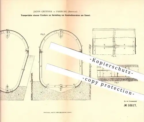 original Patent - Jacob Grether in Freiburg , 1881 , Herstellung von Rohren aus Zement , Kanalisation , Wasserleitung !!