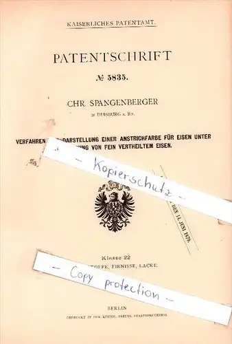 Original Patent - Chr. Spangenberger in Duisburg a. Rh. , 1878 , Darstellung einer Anstrichfarbe !!!