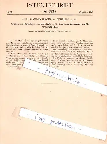 Original Patent - Chr. Spangenberger in Duisburg a. Rh. , 1878 , Darstellung einer Anstrichfarbe !!!