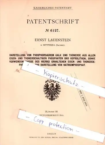 Original Patent - E. Lauenstein in Mittweida , Sachsen , 1878 , Darstellung von Kalk und Thonerde !!!