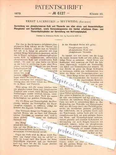 Original Patent - E. Lauenstein in Mittweida , Sachsen , 1878 , Darstellung von Kalk und Thonerde !!!