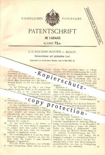 original Patent - C. C. Winther-Hansen , Berlin , 1902 , Rückstoßlager mit gleitendem Lauf , Waffen , Gewehr , Geschosse