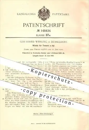 original Patent - Gottfried Wehling in Düsseldorf , 1903 , Wände für Tresore , Tresor , Panzerschrank , Guss !!!