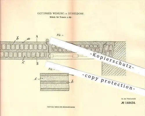 original Patent - Gottfried Wehling in Düsseldorf , 1903 , Wände für Tresore , Tresor , Panzerschrank , Guss !!!