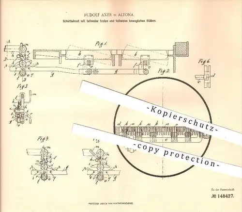 original Patent - Rudolf Axer in Altona , Hamburg , 1902 , Schüttelrost , Rost , Ofen , Öfen, Ofenbauer , Heizung !!!