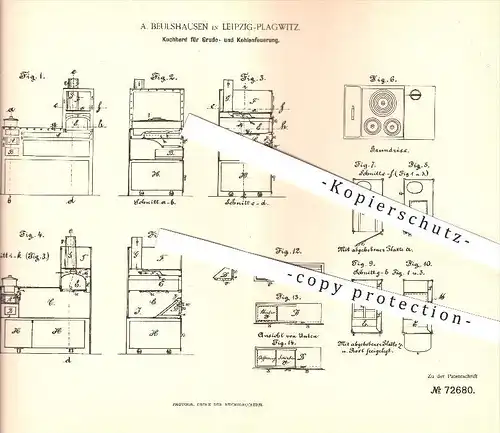 original Patent - A. Beulshausen in Leipzig-Plagwitz , 1893 , Kochherd für Grude- u. Kohlenfeuerung , Herd , Ofen !!!